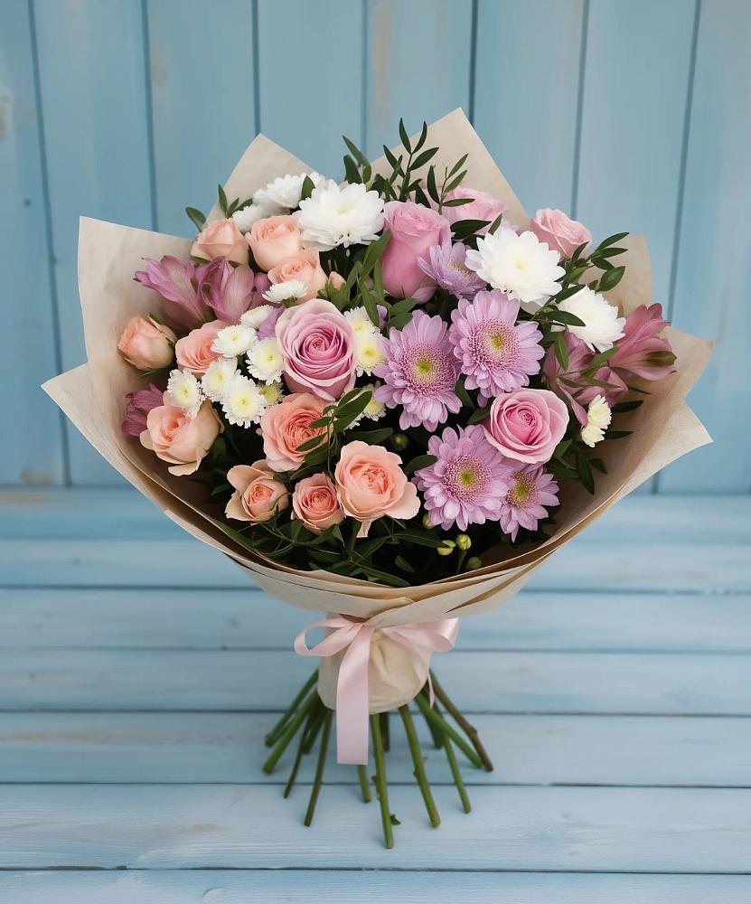 Букет цветов из: Хризантемы, Розы и Альстромерии в Орловке
