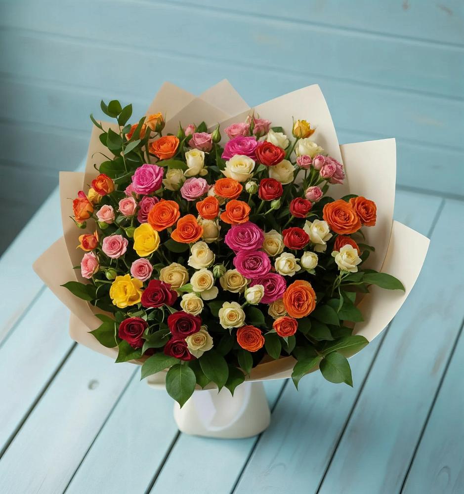 Букет Микс из разноцветных кустовых роз в Орловке
