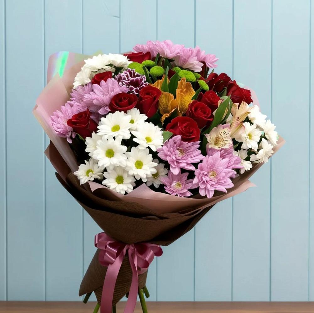 Букет цветов из: Розы, Хризантемы и Альстромерии в Орловке